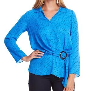 Vince Camuto deep river ditsy fragments belted blouse size small